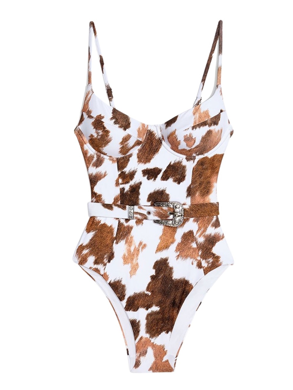 We Wore What x Onia Cow Print One-Piece Swimsuit with Belt - Brown & White